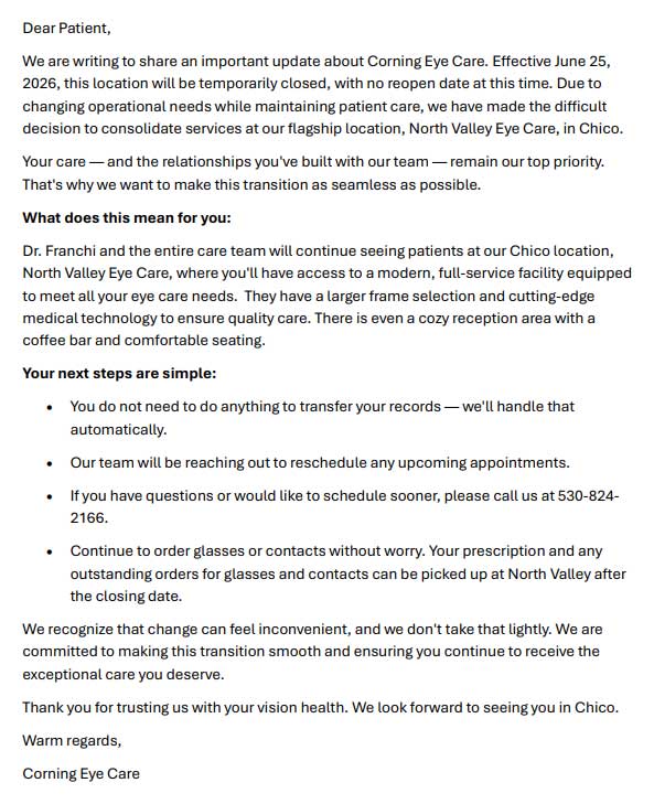 Corning Eye Care closure notice